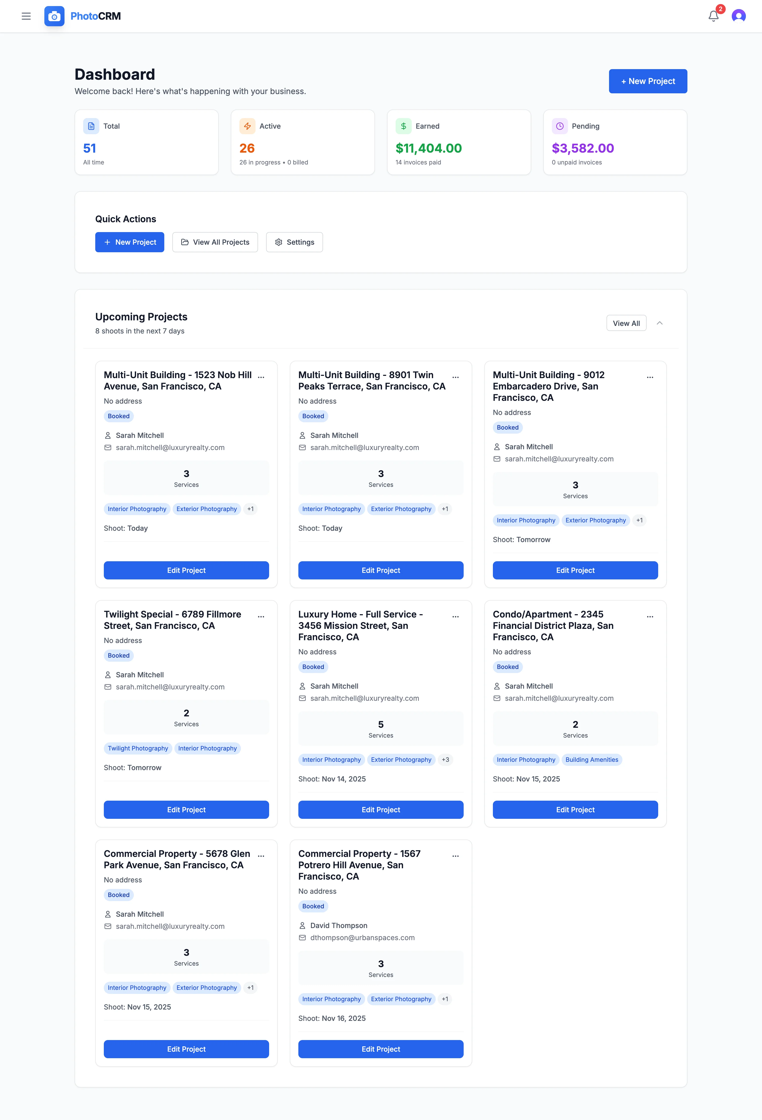 PhotoCRM Dashboard — Your business at a glance