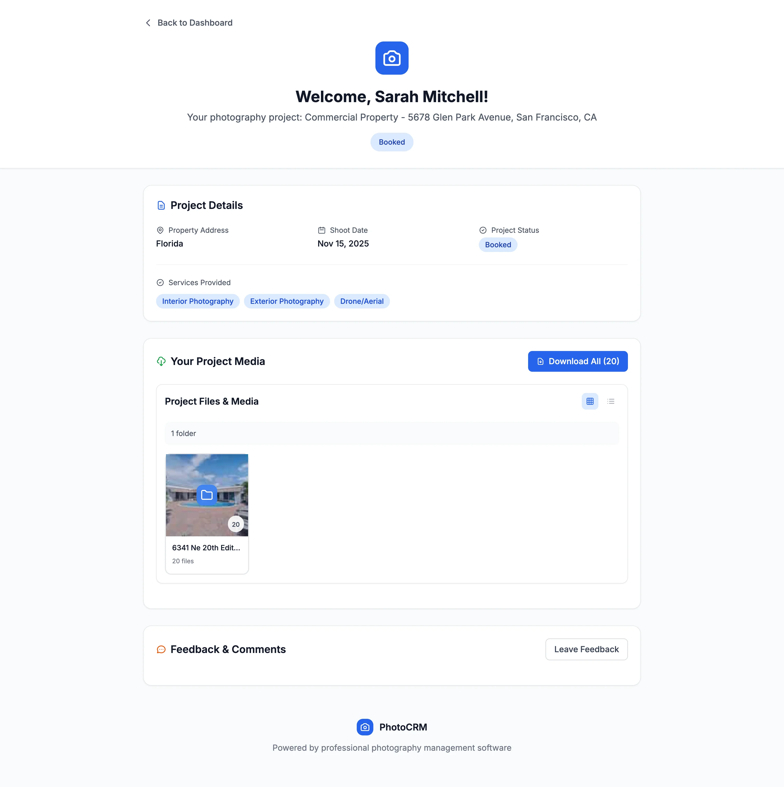 A client portal project in PhotoCRM showing video and photo deliverables together under the photographer's own branding